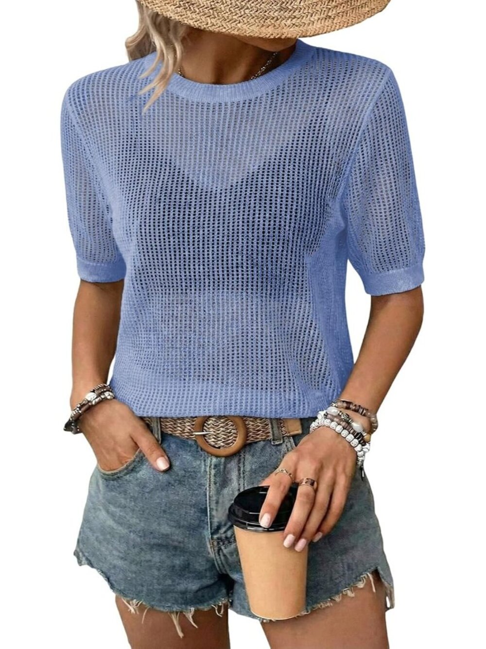 Women Blue Summer Short Hollow Out Floral Sweaters Beach Vacation Cruise Tops